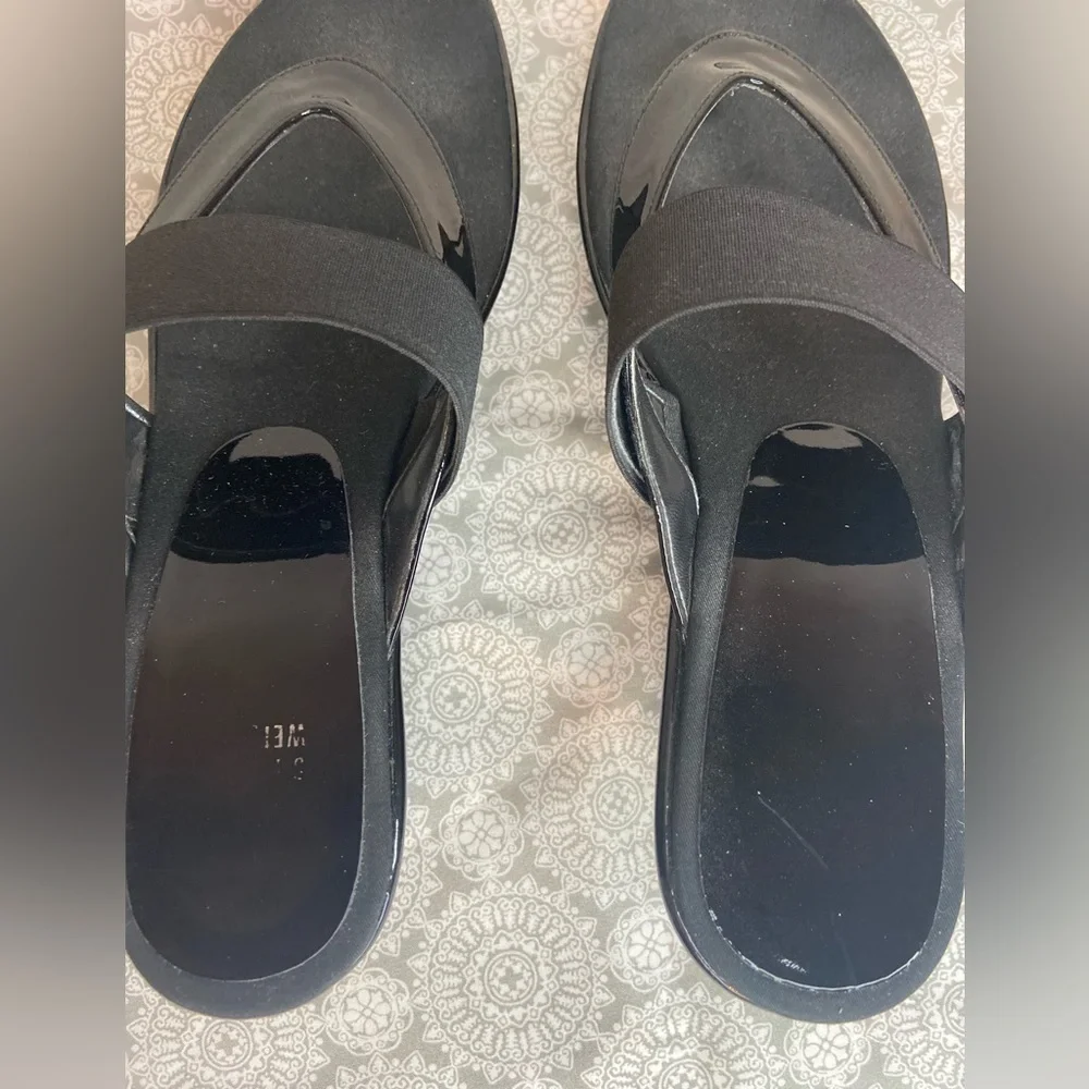 Stuart Weitzman~Black Patent Leather Thong Wedge Sandal~Matte Over Strap~Size 9 - Picture 7 of 16
